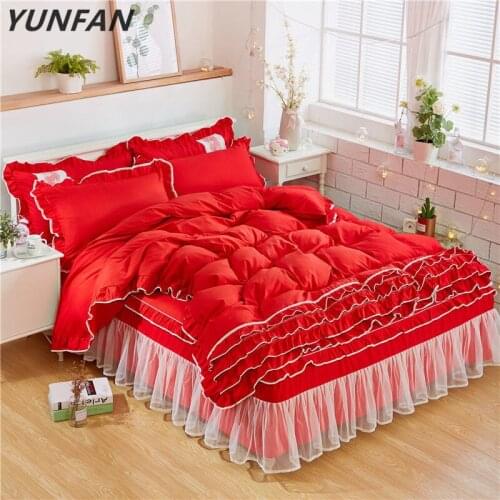 Wedding red Lace bedding sets full queen king duvet cover princess girls bed skirt Korean bedclothes luxury quilt cover sets