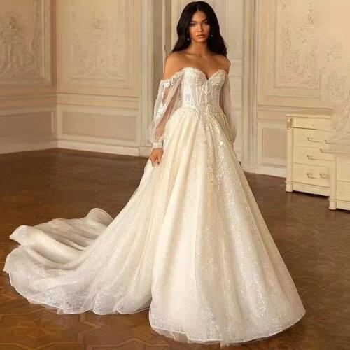 Off-Shoulder Wedding Dresses Sparky Glitter Long Sleeve Lace Bride Dress Vestidos de Noiva Vintage Princess Gothic Wedding Gowns