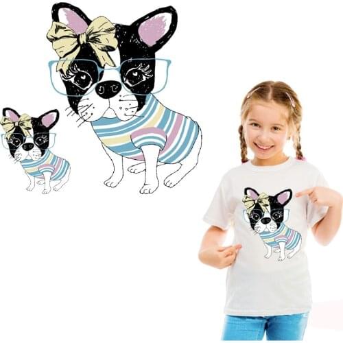 Dog with glasses thermal transfer patches for clothing girls family A-level washable sticker T-Shirt Dresse party patches cheap
