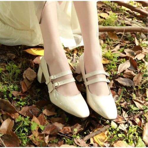 Women Patent Leather Dress Shoes Double Buckle Mary Janes Shoes Female Wedding Shoes Bridal Medium Heels Pumps D663