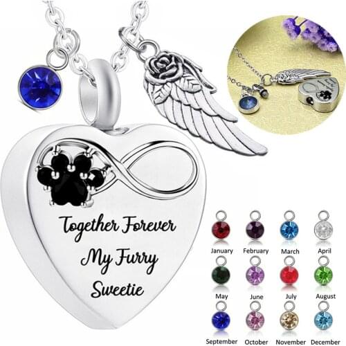 Heart Urn Necklace for Ashes Pet Dog Paw Pendant Stainless Steel Birthstone Keepsake Memorial Furry Friend Cremation Jewelry