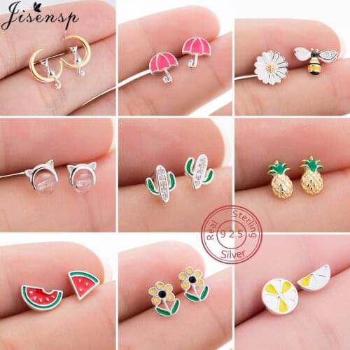 Real 925 Sterling Silver Sunflower Bee Stud Earrings for Women Children Jewelry Cute Umbrella Cactus Earings Pendientes Brincos