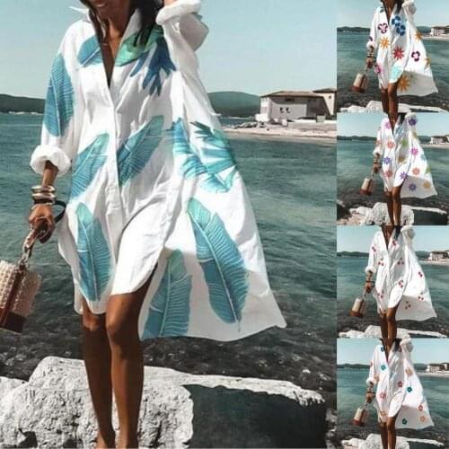 Women Chic Floral Leaf Print Buttons Shirt Dress Casual Shirt Dress Buttons for Holiday