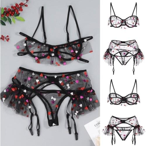 Mujer Womens Underwear Love Embroidery Bra G-string Thong Sleepwear Underwear Set Women Lingerie Bandage Lenceria Sensual