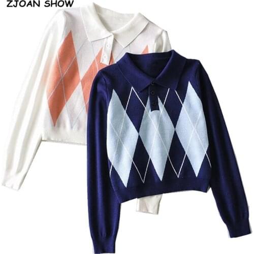 90s Streetwear Navy Check Argyle Plaid Knitted Sweater Pullovers Female Knitwear Preppy Style Y2K Clothes Lapel Casual Jumpers