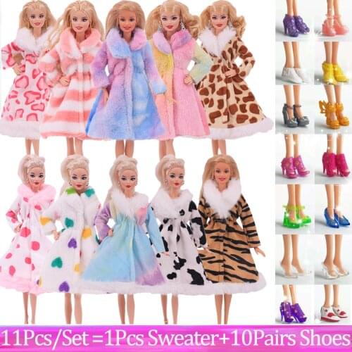 FreeShipping 11Pcs/Set Barbie Doll Clothes=10Pairs Doll Shoes+Free Gifts(1Pcs Coat)For Barbie Doll Shoes 11.8 Inch Accessories