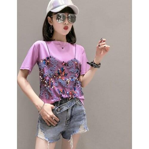 Mesh Sequin Fake Two Pieces T Shirt Women 2021 New Summer Tops T-Shirt Cotton Korean Fashion Woman Clothes Tee Shirt Femme