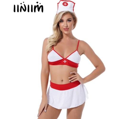 Womens Nurse Role Play Outfits Babydoll Lingerie Set Honeymoon Gift Nightwear Unlined Bra with Mini Skirt Hair Hoop G-string