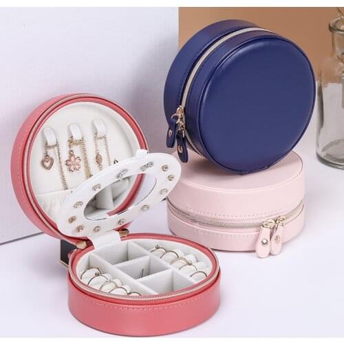 Round PU Leather Women Jewelry Boxes Stud Earrings Necklace Ring Bracelet Organizer Case Travel Zipper Bag Accessories Supplies