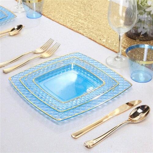 Tableware 25pcs Set Disposable Transparent Color Gilt Rim Plate Glass Knife Fork Spoon Set PS Plastic Plate