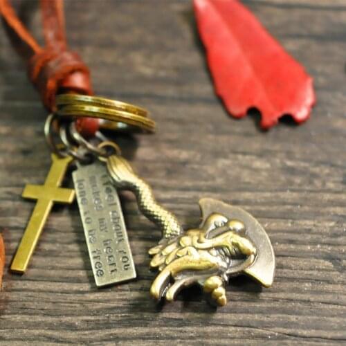 NIUYITID Dragon With Ax Pendant Mens Necklace Chain Trendy Long Neckless Genuine Leather Jewelry Boy Male Accessories