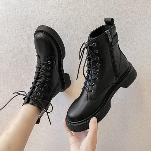 New Genuine Leather Martin women Boots Round Toe Cowhide Ankle Boots Female Platform Women Shoes