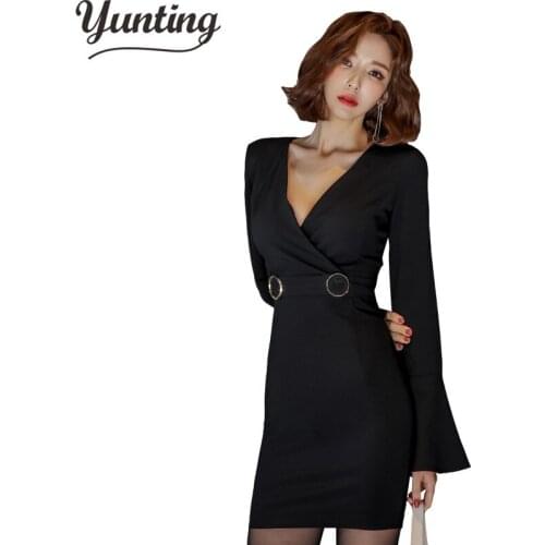 Autumn Winter Women Dress V-neck Slim Bodycon Dress Elegant Sexy Party Vestidos