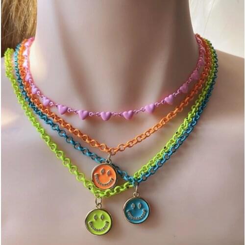 5Pcs Colorful Color Enamel Smiley Face Pendant Necklace Crystal Smile Design Neon O Link Chain Necklace for Women Girls' Gifts
