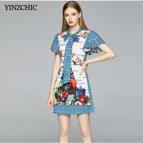 Summer New Woman Print Dress Bow-neck Ladies Elegant Floral Dresses Casual Short A-line Dresses for Office Lady