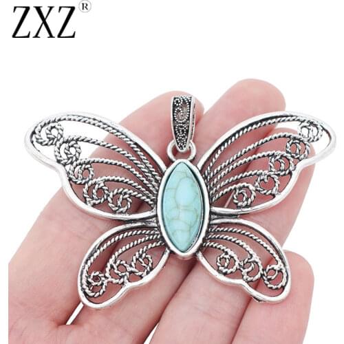 ZXZ 5pcs Large Filigree Butterfly & Faux Turquoise Charms Pendants for Necklace Jewelry Making Findings 76x48mm