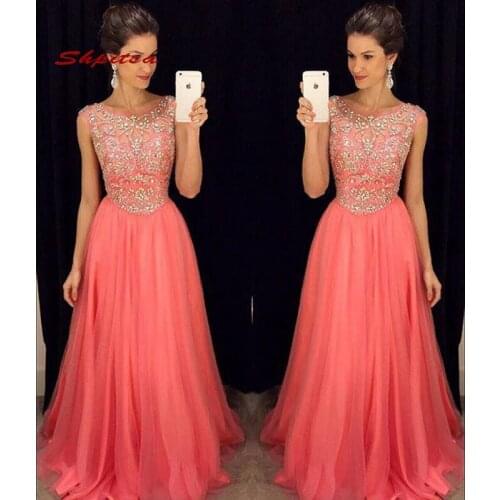 Luxury Coral Long Evening Dresses Crystal Party Plus Size Ladies Sparkly Women A Line Tulle Prom Formal Evening Gowns Dresses
