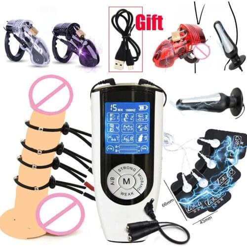 Strong E-stim Bdsm Kit Electro Shock CB6000 Cock Cage Ball Stretcher Penis Ring Anal Plug Massage Pad Male Chastity Belt Sex Toy