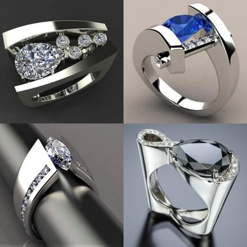 Gorgeous Blue Black Zircon Stone Ring Male Female Silver Color Wedding Band Jewelry Promise Engagement Rings For Men And Women