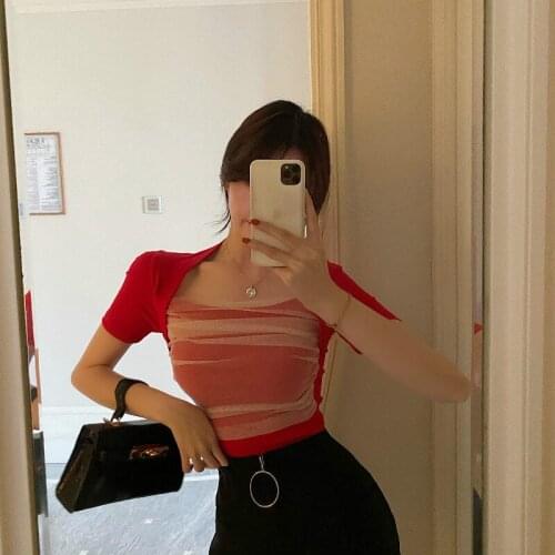 Summer Net yarn Splicing Women Short Sleeve T-shirt Short 2021Korean Female Sexy red Tshirt Tops