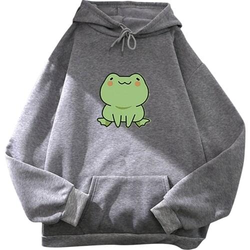 Fashion Women Long Sleeved Cute Frog Printing Hoodies Blouse Tops Pocket Drawstring Pullover Autumn Warm Sweatshirt Hoodie