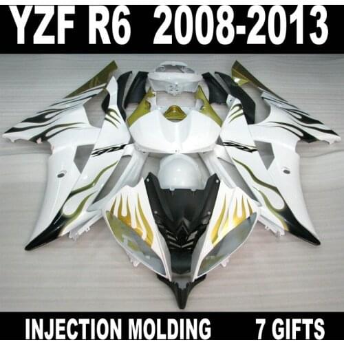 7 Gifts fairings for 08 09 10 11 12 13 YAMAHA R6 fairings 2008 2009 - 2013 gold black flames in white YZF R6 fairing set HUN85