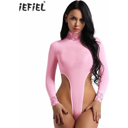 Sex Womens Fetish Catsuit Body Lingerie Bodysuit Sheer Long Sleeve Turtleneck Hook Crotch High Cut Tank Thongs Leotard Bodysuit