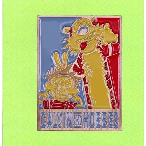 Calvin sardonic stuffed tiger Hobbes enamel pin Bill Watterson Comic Strip Funnies Cartoon brooch