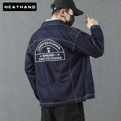 Spring Autumn Denim Jacket Men Multi-pocket Casual Jean Jacket Mens Loose Printed Letter Black Top Male Solid Color Denim Jacket