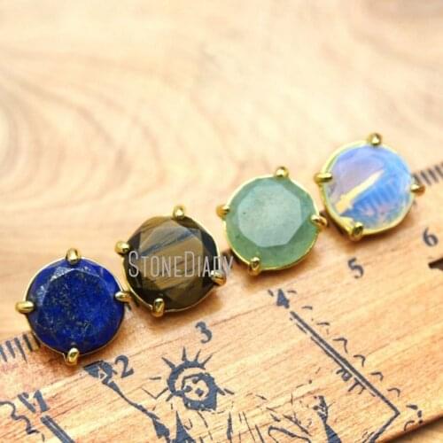 10Pcs Gold Color Faceted Round Shape Stud Earring Blue Rock, Tiger Eye, Opal, Aventurine Jades Stud Earring Sale 11mm ER15726