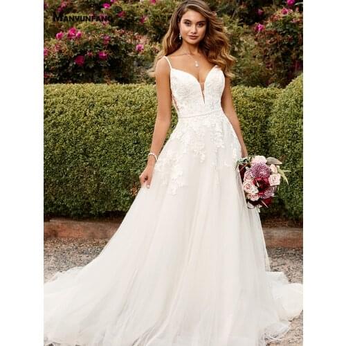 Elegant Spaghetti Straps Embroidery Appliques Tulle Chapel Train Bridal Ball Gown High-End Button Sleeveless Wedding Dress