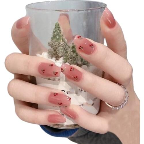 Fake Nails Crystal Cherry Short Nail Stickers Finished Nail Stickers 24 Nail Stickers With Glue SANA889