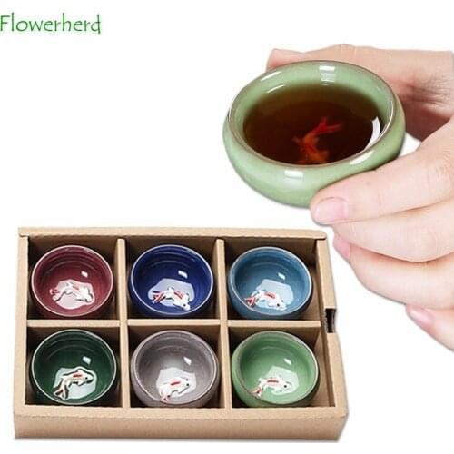 Ice Cracked Glaze Colorful Fish Creative Porcelain Tea Cup Teaware 6 Pcs Carp Relief Ceramic Kung Fu Tea Bowl
