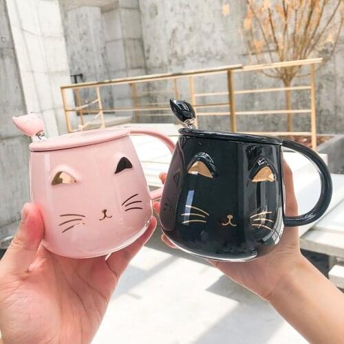 Ceramic Mugs Hand Drawn Golden Cartoon Cat Coffe Mug Creative Drinkware Coffee Tea Cups Novelty Gifts Milk Cup