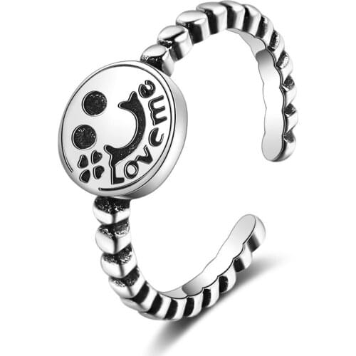 Smile Face Finger Ring Simple 925 Sterling Silver Rings For Women Love me Jewelry Adjustable