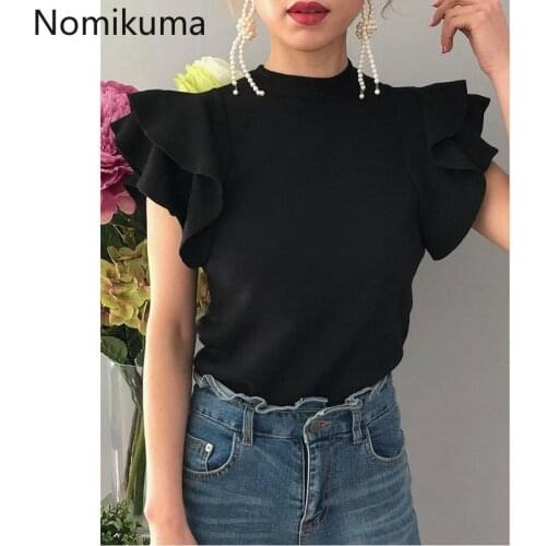 Nomikuma Korean Ruffle Sweet Pullover Knitwear 2021 New Half Turtleneck Slim Knitted Tops Causal Solid Women Top Jumper 6D781