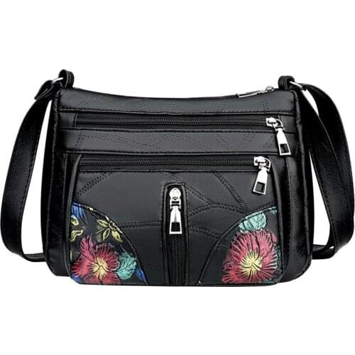 Fashion Women PU Leather Multi-Pocket Shopping Handbag Vintage Mummy Sheepskin Flower Print Shoulder Bag Shopping Crossbody Bag