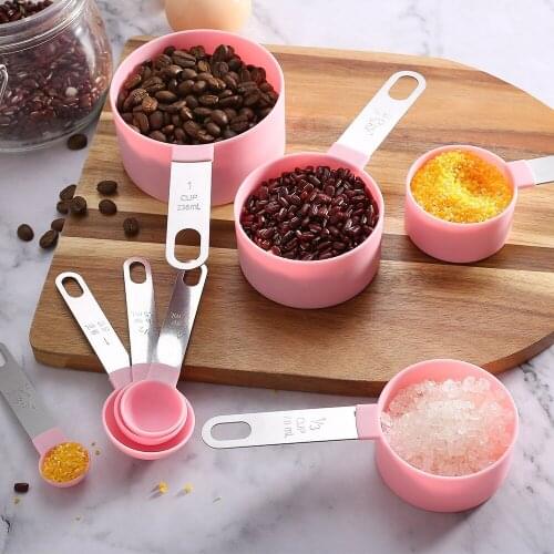 8pcs Plastic Measuring Cups and Spoons Set Kitchen Baking Cooking Accessories Stainless Steel Handle Coffee Scoop Measuring Tool