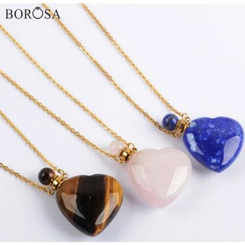 Natural Gems Stones Perfume Bottle Heart Necklace Rose Crystal Quartz Lapis Essential Oil Diffuser Necklace Charm WX1616