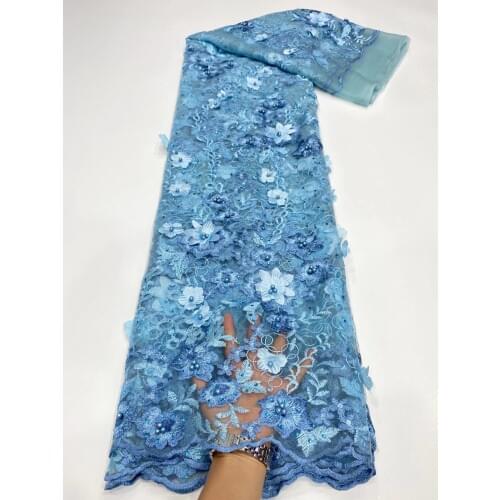 Sky blue 3d African floral embroidered tulle lace, pearl African lace fabric 2021 high quality lace beads D4493
