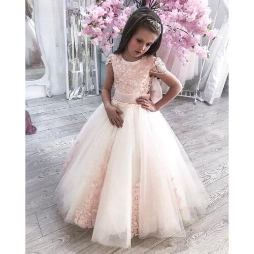 Flower Girls Dresses Cap Sleeve Little Girl Toddlers Wedding Dresses Vintage Lace Pink Child Princess Communion Pageant Gowns