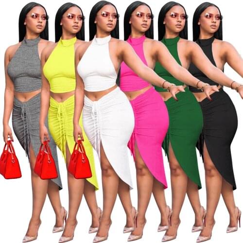 Adogirl Sexy Two Piece Set Dress Crop Tank Top + Asymmetrical Skirt Drawstring Bandage Summer Clothes 6 Color For Women Outfits