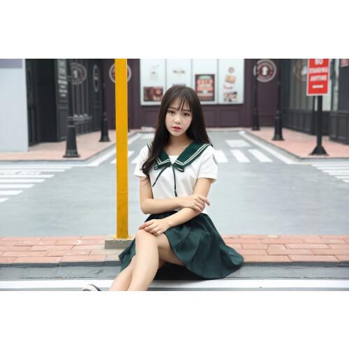 High Quality Girl Japanese Uniform Sailor School Uniform Set Plus Size XL White-Green Skirt Short Sleeve Shirt
