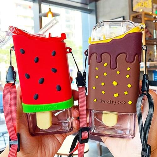 Ins Cute Cartoon Donut Water Bottles BPA Free Creative Ice Cream Kids Kettle Transparent Plastic Water Bottle With Straw Strap