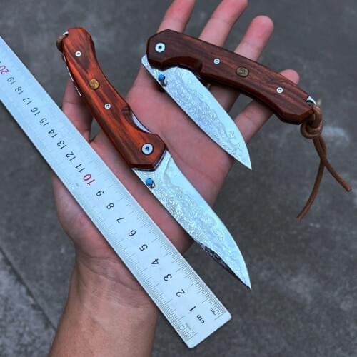 Handmade Damascus Steel Folding Knife with Sheath Wooden Handle Thumb Stud Pocket Knives Camping Fishing Self Defense EDC Tool
