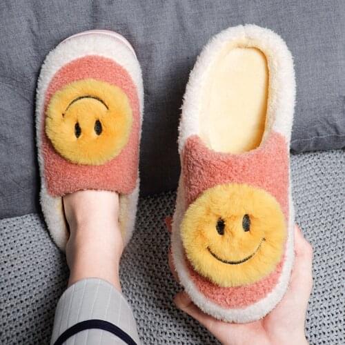 2021 New Smiling Face Cotton Slippers Female Winter Home Indoor Floor Mute Non-Slip Warm Couple Plush Household Cotton Slippers