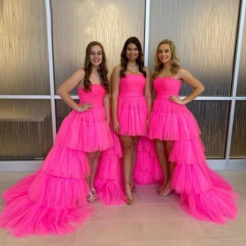 High Low Tulle Prom Dresses 2021 Tiered Strapless Formal Evening Party Dress Lace up Back Robe De Soiree