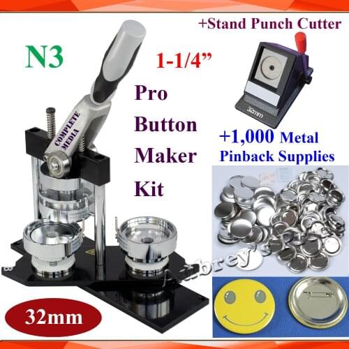 High Quality Pro N3 All Steel 1-1/4" 32mm Badge Button Maker Machine + Stand Graphic Punch Cutter+1000 Metal Pinback Supplies