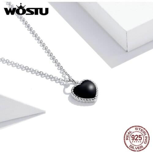 WOSTU 2021 New Sterling Silver 925 Black Heart Pendant Necklace for Women Love Chain Necklaces Fine Jewelry Gift BKN443