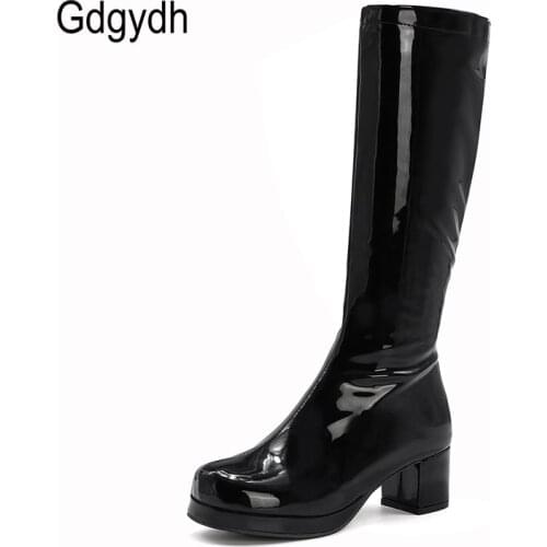 Gdgydh Women Patent Leather Boots 2021 Autumn Winter High Heel Platform Mid Calf Boots For Women Colorful Fashion Light PU Boots